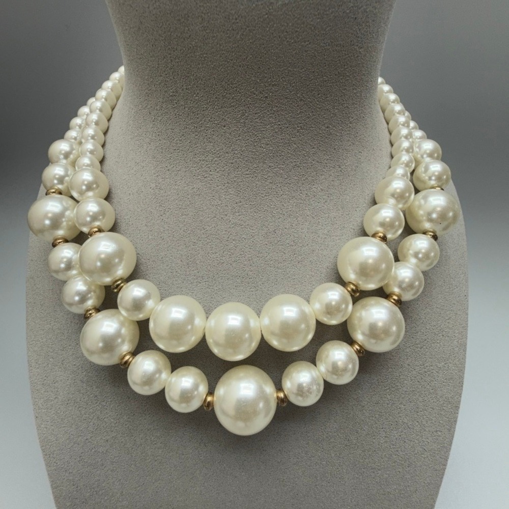 Multi Strand Gold Tone Faux‎ Pearl Necklace 15" Statement Chunky Costume Jewelry